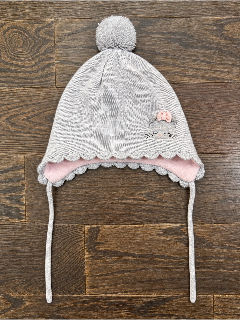 H&M Gray and Pink Baby Pom-Pom Earflap Hat with Bow